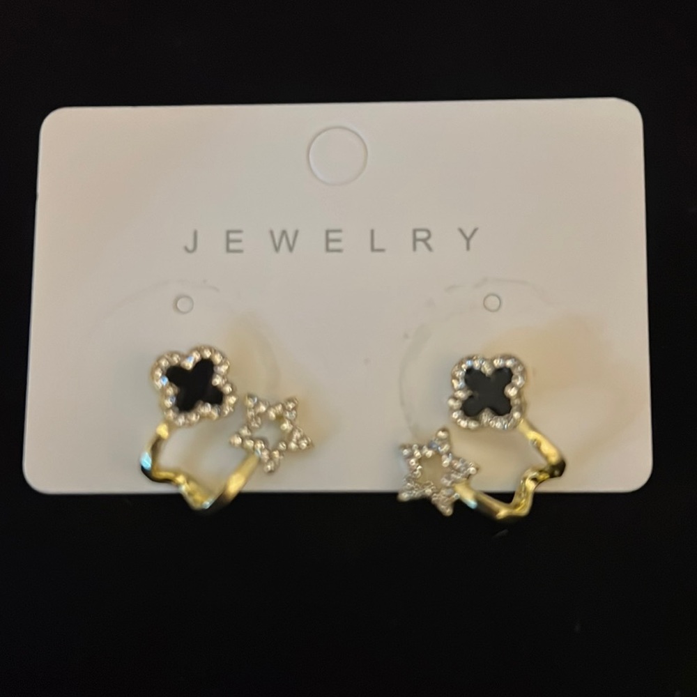 Gold Plated 925 Sterling Silver Four Leaf Clover And Star Gold/black Stud Earrin